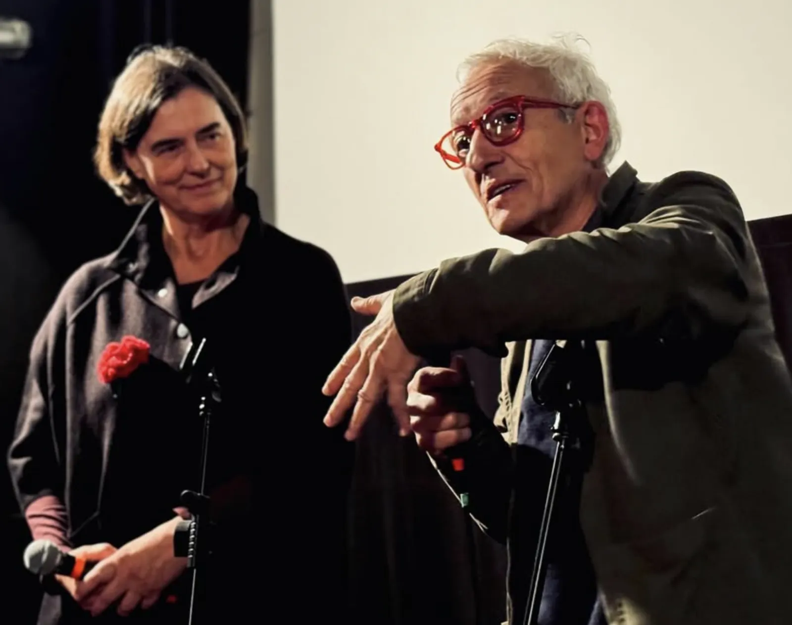 A director takes questions on stage in front of the screen