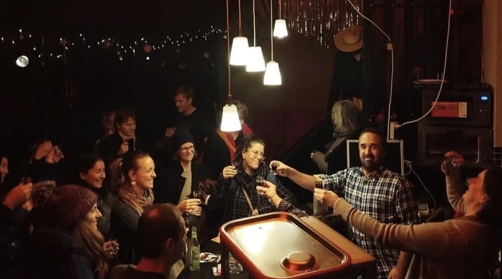 Guests raise a toast of Port wine under the string lights